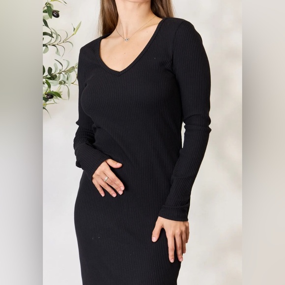 NEW Culture Code PLUS + REG Size Ribbed Long Sleeve Slit Hem Midi Dress - Picture 9 of 13